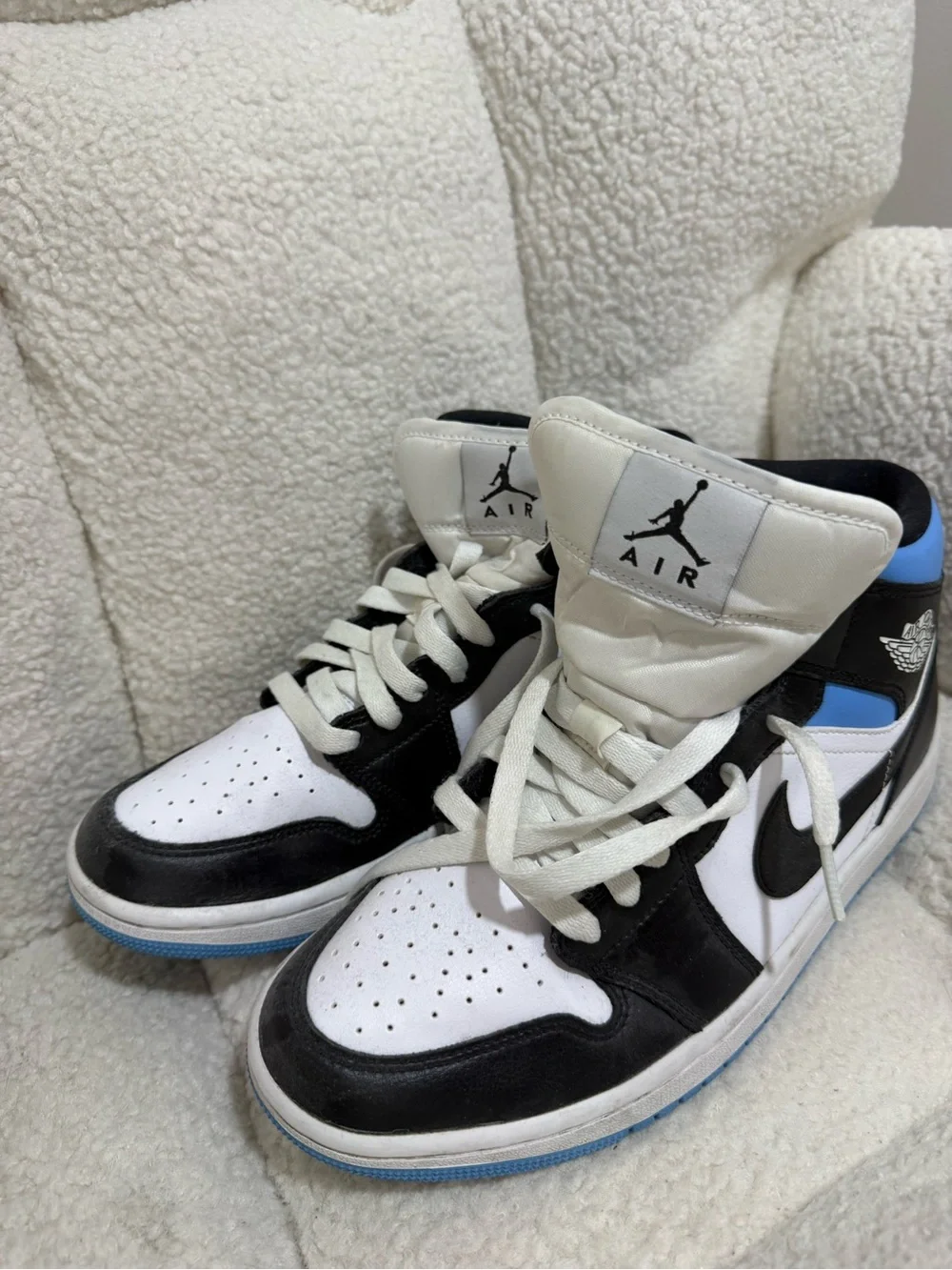 Jordan High-Top Sneakers in White, Black & Blue